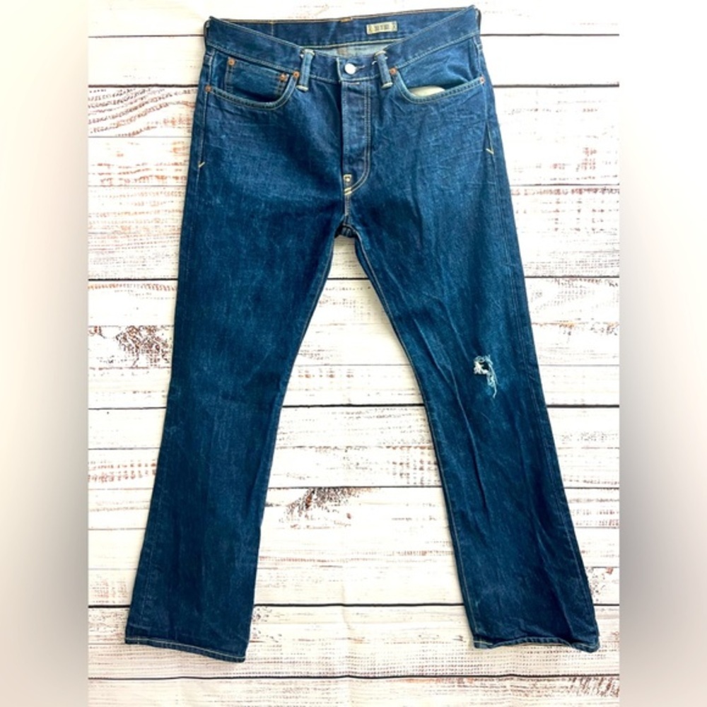 Polo‎ Ralph Lauren 32x32 Straight Boot Cut Ripped Martin Button Blue Jeans